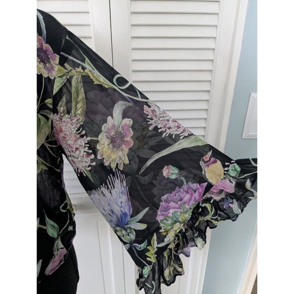H&M Blouse Women's 6 Black Purple Green Sheer Floral Birds Top Romantic Ruffles - Picture 6 of 12